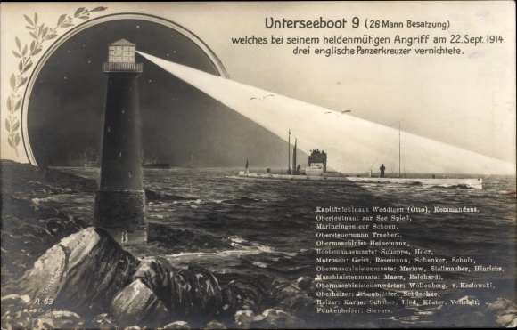 Postcard SM U 9, German submarine, submarine, September 22, 1914, Otto Weddigen, Imperial Navy