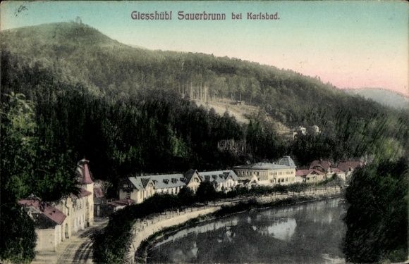 Postcard Kyselka Gießhübl Giesshübl Sauerbrunn Region Karlovy Vary, Giesshübl Sauerbrunn, river, trees, mountains
