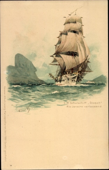 Artist Chromo-Litho Bohrdt, Hans, sailing training ship Stosch leaving Rio de Janeiro