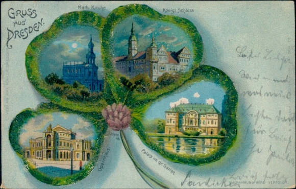Cloverleaf lithograph Dresden Old Town, Castle, Church, Opera House, Palace