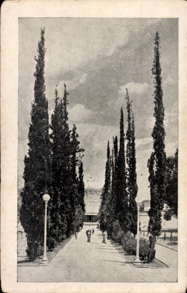 Postcard Srirangapatna India, entrance view, Gumbuz, cypress avenue, people