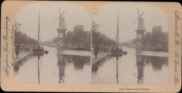 Stereo photo Netherlands, canal, windmill, Keystone View Company