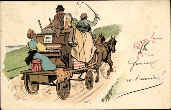 Chromo-Litho Woman plays the piano on the float, horse-drawn cart