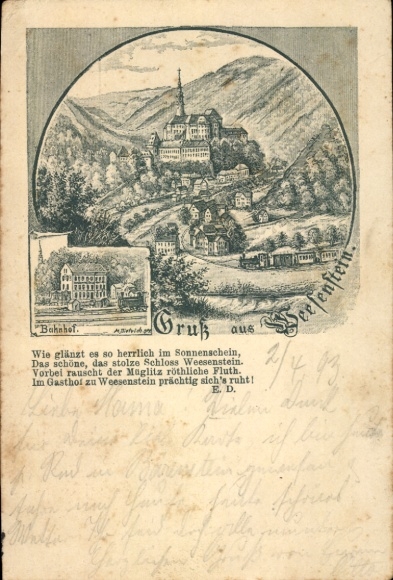 Forerunner litho Weesenstein in the Müglitztal Saxony, Weesenstein Castle, train station, 1893