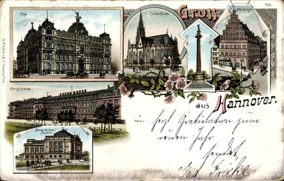 Lithograph Hannover in Lower Saxony, Post Office, Christ Church, Old Chancellery, Castle, New Kestner Museum