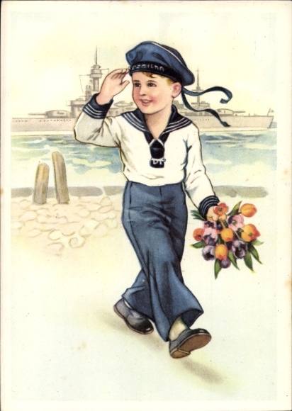 Artist Postcard Junge as a sailor with a bouquet of flowers, sailor, warship