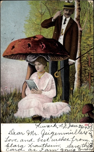Postcard Woman sitting under the umbrella of a mushroom, man