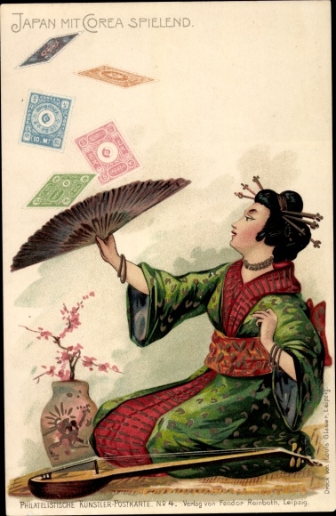 Stamps Chromo-Litho Japan with Corea playing, Korea, Japanese woman, kimono