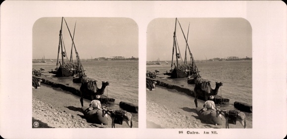 Stereo photo of Cairo, Egypt, on the Nile, boat on the bank, camel, donkey