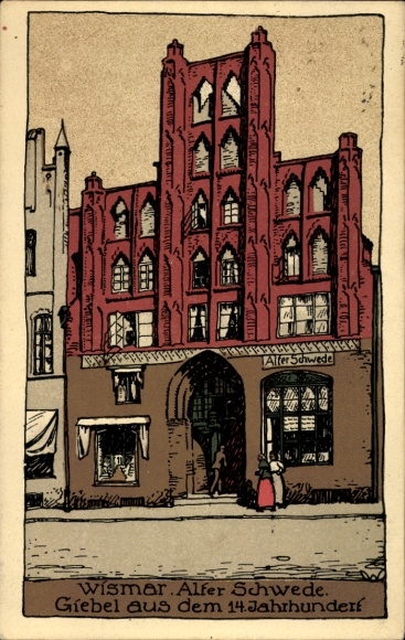 Lithograph, Wismar in Mecklenburg-Vorpommern, Alter Schwede, gabled house from the 14th century.