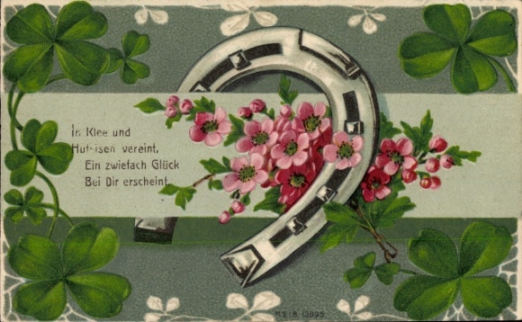 Embossed Postcard Congratulations, horseshoe, lucky clover, flowers