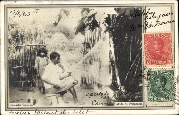 Postcard Venezuela, fisherman mends a net