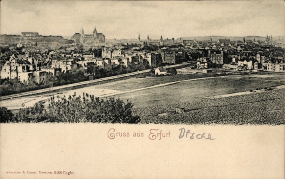 PC of Erfurt in Thuringia, city view, houses, fields, inscription 'Greetings from Erfurt'