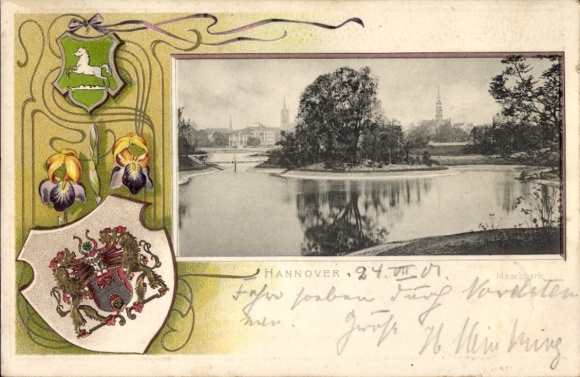 Coat of arms passepartout, Hanover in Lower Saxony, Maschpark, water feature