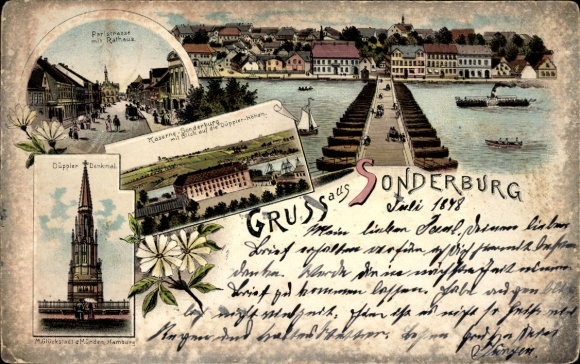 Lithograph Sønderborg, Denmark, monument, town hall