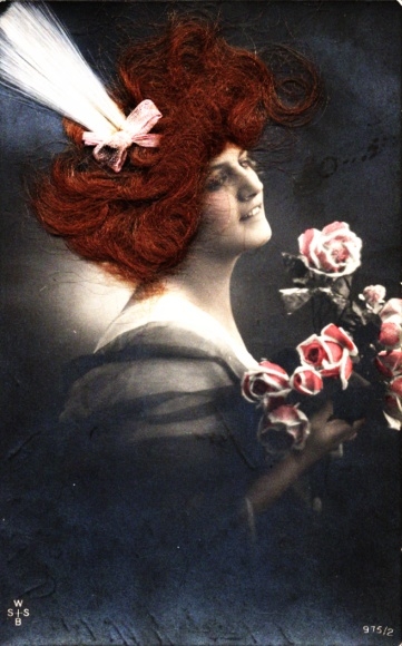 Real Hair Postcard Redhead Woman with Roses, portrait