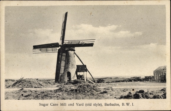 Postcard Barbados, Sugar Cane Mill and Yard, old style
