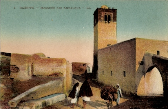 Postcard Bizerte Tunisia, Mosque of the Andalusians, two people, donkey, architecture