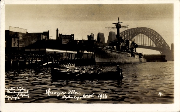 Photo Postcard German warship, light cruiser Köln, in the harbor of Sydney 1933