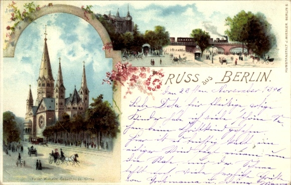 Lithograph Berlin Charlottenburg, Kaiser Wilhelm Memorial Church, Bridge