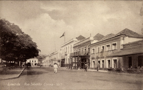 Postcard Luanda Angola, street with houses, people, trees, architecture.