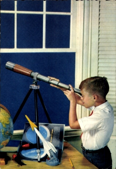 Postcard Astronomy, boy looks at the sky through a telescope