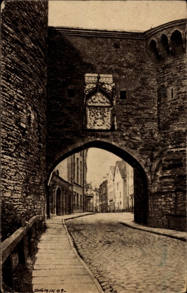 Postcard Tallinn Reval Estonia, cobblestone street, archway, building