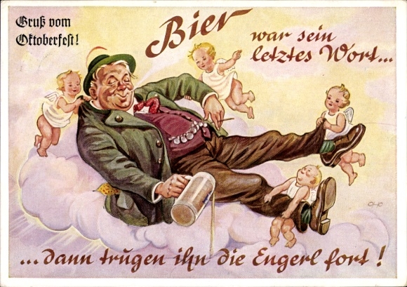 Artist Postcard Hofbräuhaus Munich, Beer was his last word, Angel, drunk man