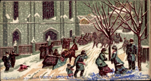 Postcard Banff Alberta Canada, Snowy street scene with people, horses and sleighs