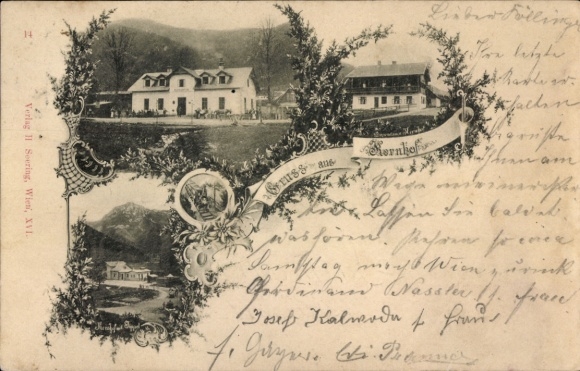 Postcard Kernhof Wolfach in the Black Forest, front view with two buildings, landscape, decorative border