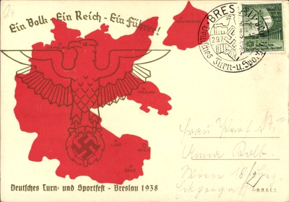 Maps Postcard One People, One Reich, One Leader, April 10, 1938, Plebiscite for Greater Germany