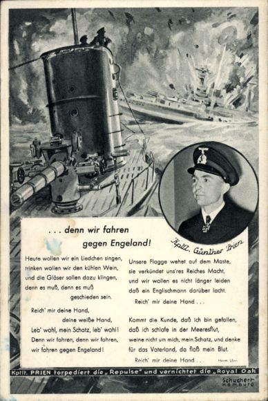 Song Postcard Denn wir fahren gegen Engeland, Ritterkreuzträger Günther Prien, Deutsches U-Boot, U 47