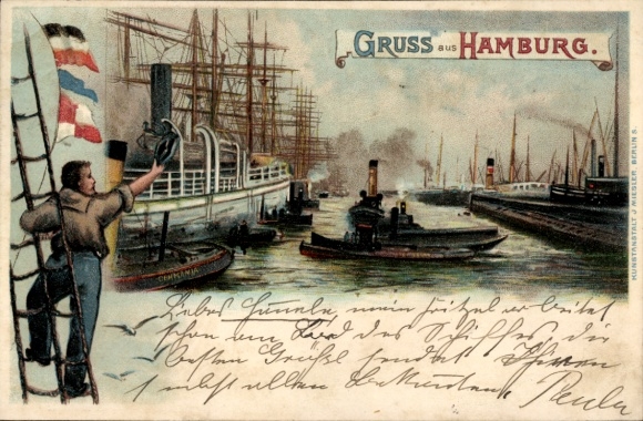Lithograph Hamburg, harbor, ships