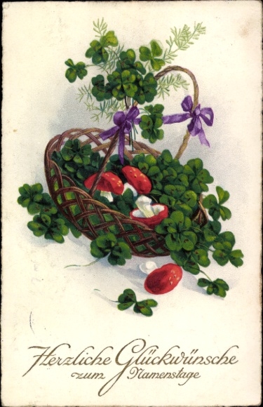 Lithograph congratulations on your name day, clovers, mushrooms