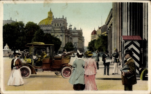 Postcard Berlin, Berlin life, In front of the Brandenburg Gate, Taxi, Guard post