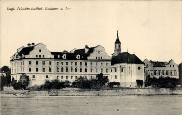 Postcard Neuhaus am Inn, Lower Bavaria, English Ladies' Institute, building, church