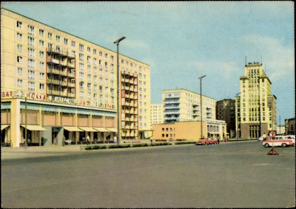 Postcard Berlin Mitte, view along Karl Marx Allee, Mokka Milch ice cream bar