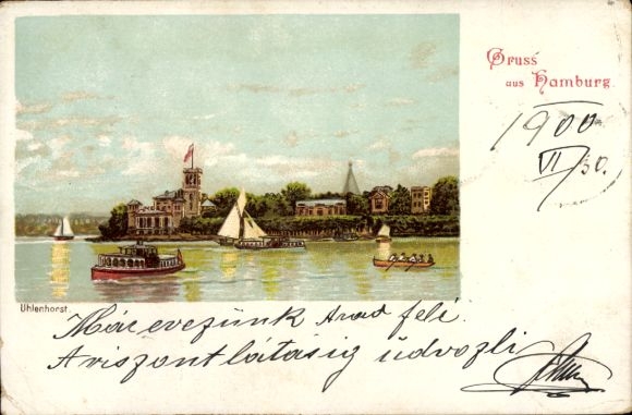 Lithograph Hamburg North Uhlenhorst, boats