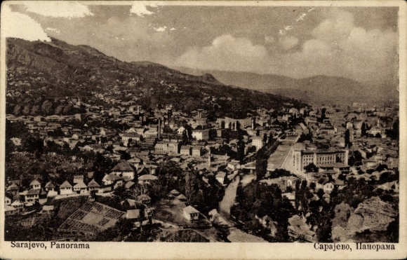 Postcard Sarajevo Bosnia Herzegovina, panoramic view of the cityscape, mountains in the background