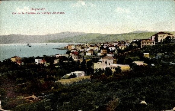 Postcard Beirut Beyrouth Lebanon, view from the American College, coastal landscape, houses