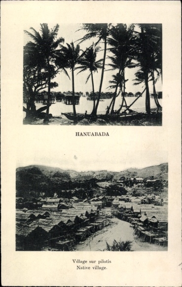 Postcard Hanuabada Papua New Guinea, village on stilts, palm trees, water, landscape