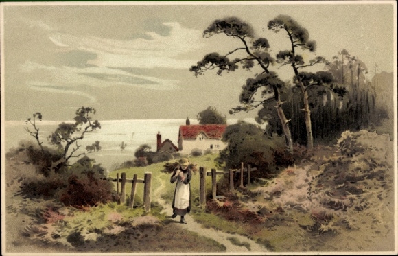 Lithograph of the end of the workday, a farmer's wife going home, Meissen Book 1489