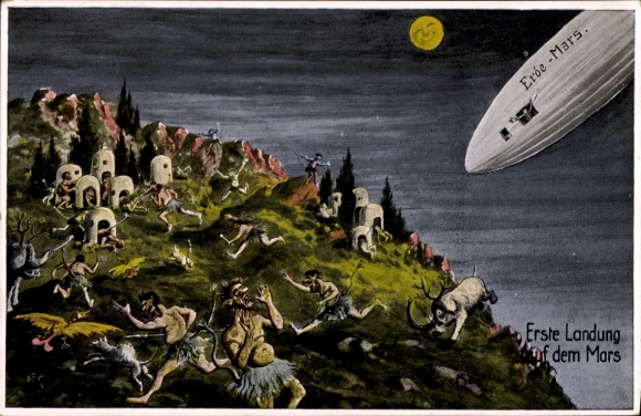 Postcard First landing on Mars, Zeppelin, humans, moon