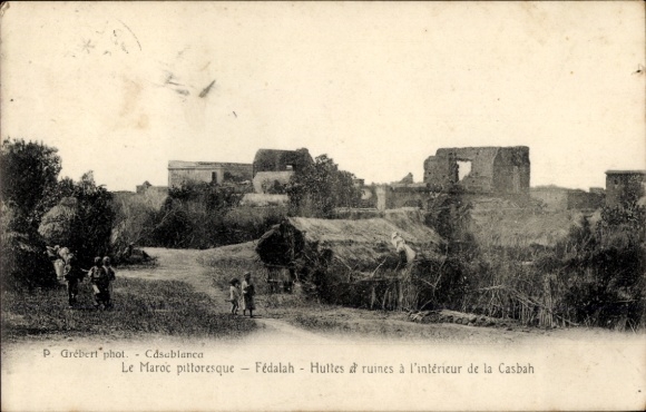 Postcard Casablanca Morocco, field with hut, ruins, people, landscape, Casablanca