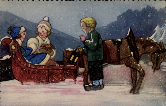 Postcard Sleigh team, children, horse
