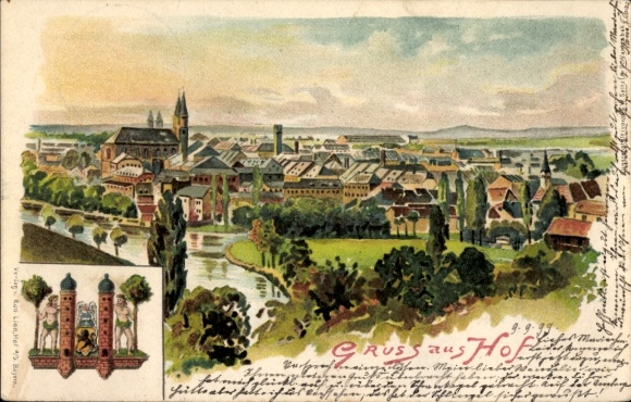 Artist's coat of arms lithograph, Hof an der Saale, Upper Franconia, general view of the town