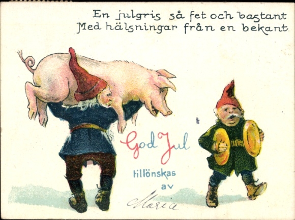 Artist Postcard Nyström, Jenny, Merry Christmas, Dwarf Carrying a Pig