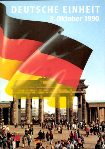 Postcard Berlin Mitte, Brandenburg Gate after November 9, 1989, German Unity October 3, 1990