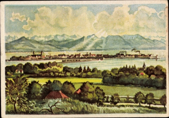 Artist Postcard Braun, Gebhard, Lindau in Lake Constance Swabia, Lake Constance landscape seen from the Hoyerberg
