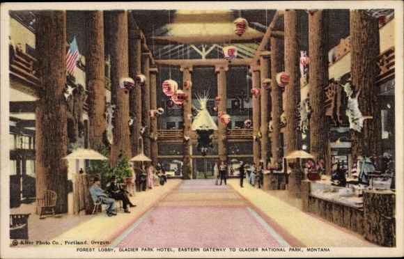 Postcard Montana USA, Glacier Park Hotel, Forest Lobby